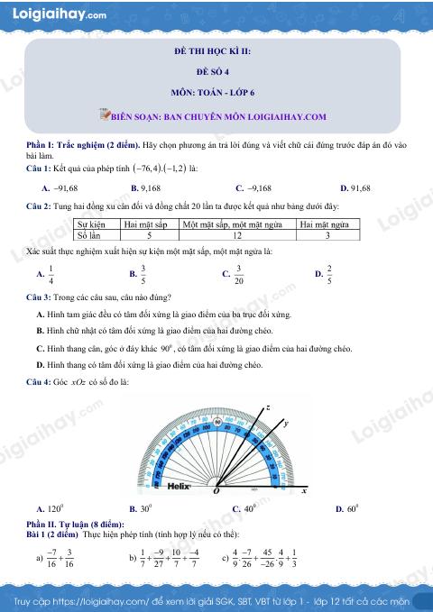 Đề thi học kì 2 Toán 6 - Đề số 4 - Chân trời sáng tạo